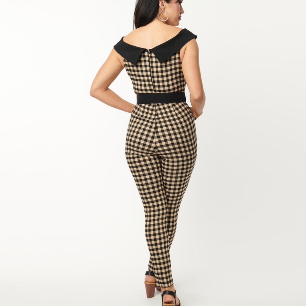 Unique Vintage Black and Tan Gingham Jumpsuit - Picture 2 of 8